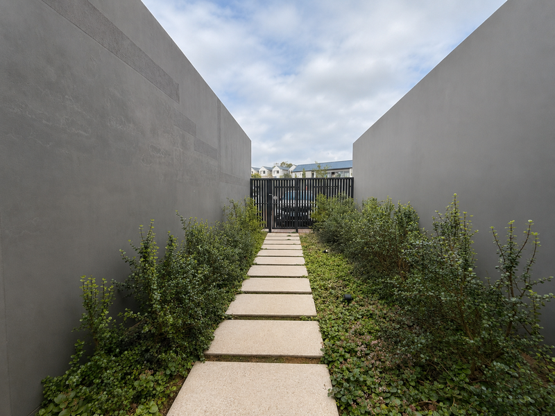 A modern entrance pathway featuring concrete pavers flanked by manicured hedges and high boundary walls leading to a secure metal gate.