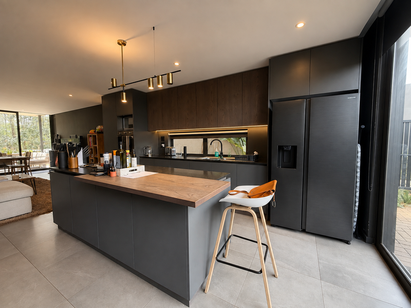 Modern open-plan kitchen featuring dark cabinetry, a large island with wood-topped breakfast bar, integrated appliances, and seamless access to the outdoor patio area.