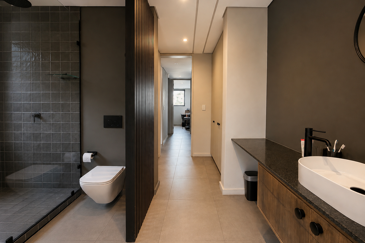 Modern bathroom featuring a walk-in shower, wall-hung toilet, timber slat divider, and a sleek vanity with a vessel sink and stone countertop.