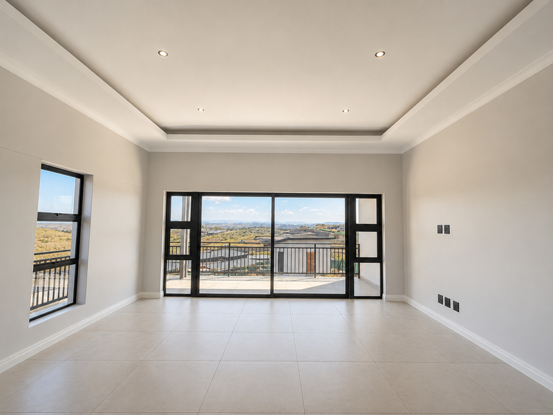 Spacious, modern living area featuring neutral tiled floors, recessed ceiling lighting, and large sliding doors opening onto a balcony with scenic views.