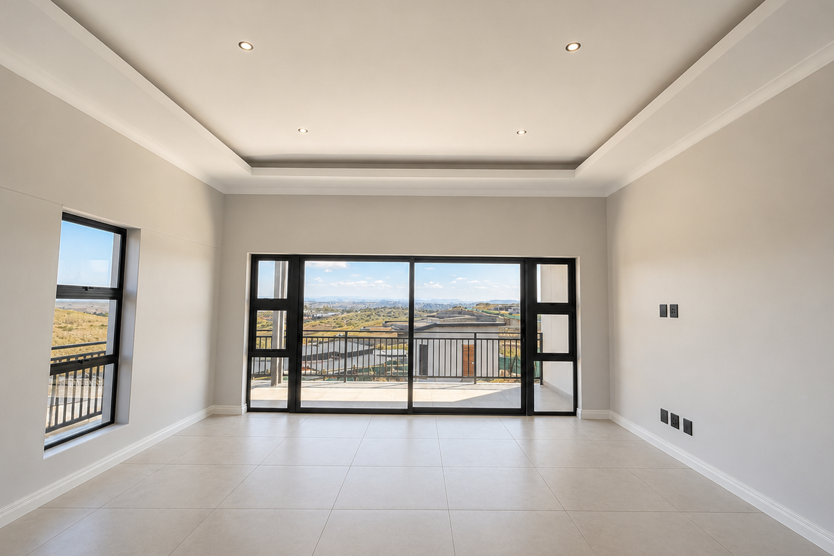 Spacious, modern living area featuring neutral tiled floors, recessed ceiling lighting, and large sliding doors opening onto a balcony with scenic views.