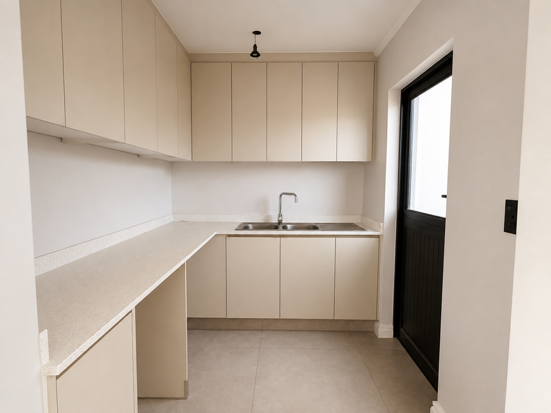 A clean, modern scullery featuring neutral built-in cabinetry, stone countertops, a stainless steel sink, and direct access to the exterior.