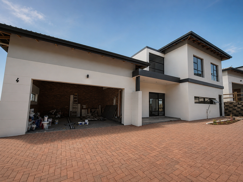 Modern two-story residential facade featuring a paved driveway, double garage, and clean architectural lines with contemporary finishes.