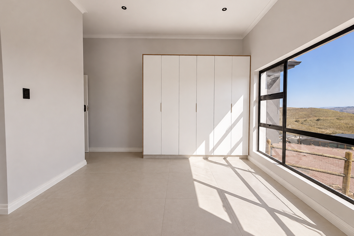 A bright, modern, and empty bedroom featuring neutral tiled floors, built-in cupboards, and a large window offering scenic landscape views.