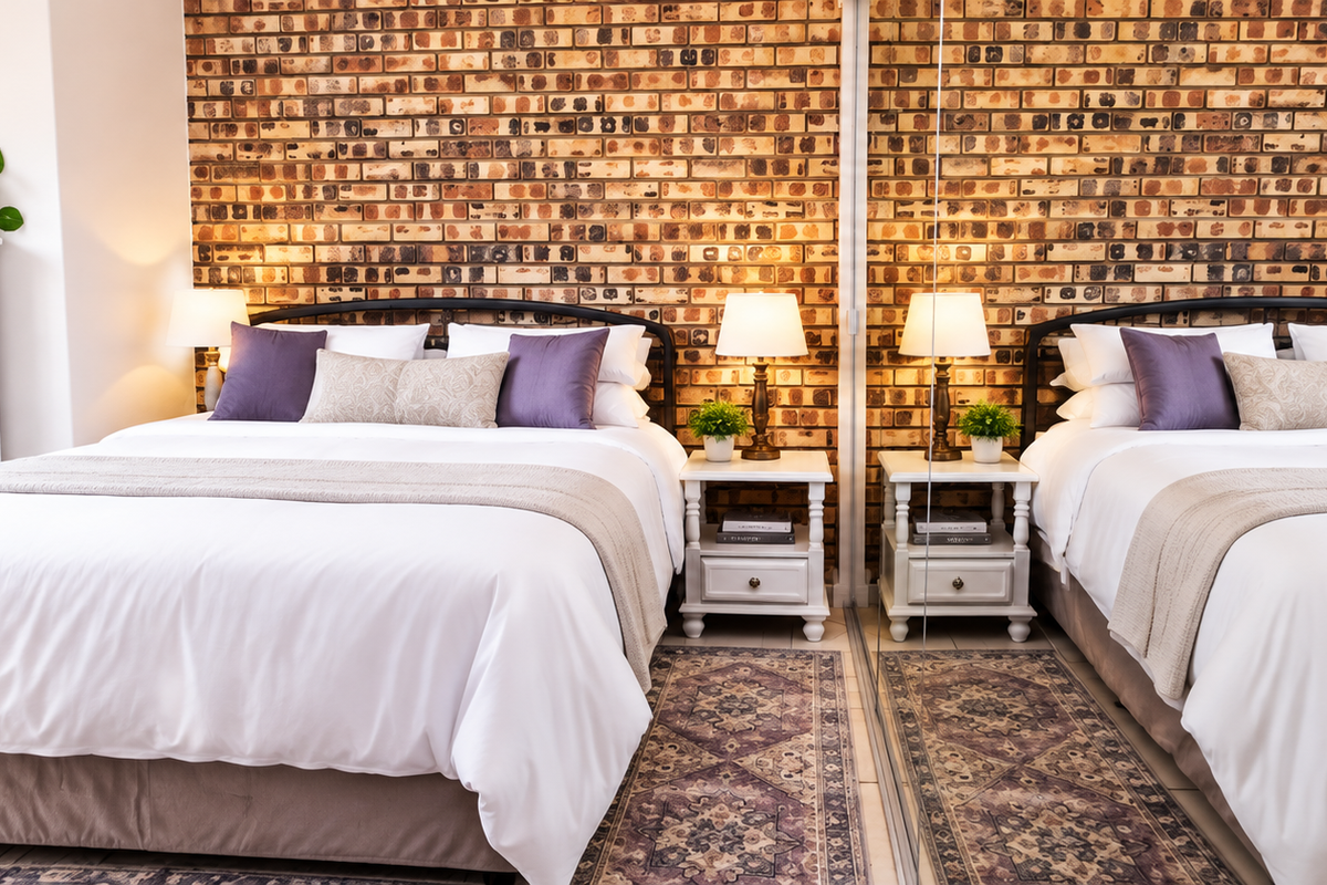 A well-presented bedroom featuring an exposed brick feature wall, mirrored built-in wardrobes, and tiled flooring, creating a warm and inviting atmosphere.