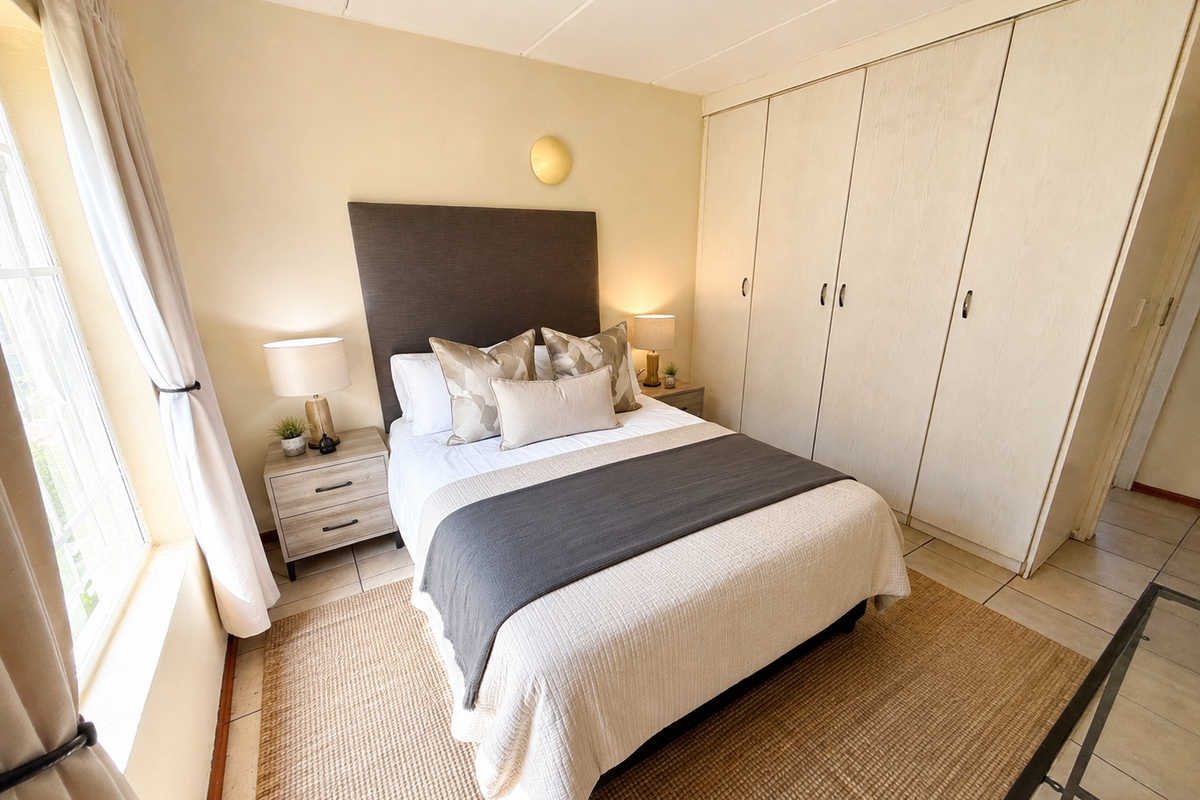 A well-lit bedroom featuring built-in cupboards, tiled flooring, and a window with security bars, offering a functional and comfortable living space.