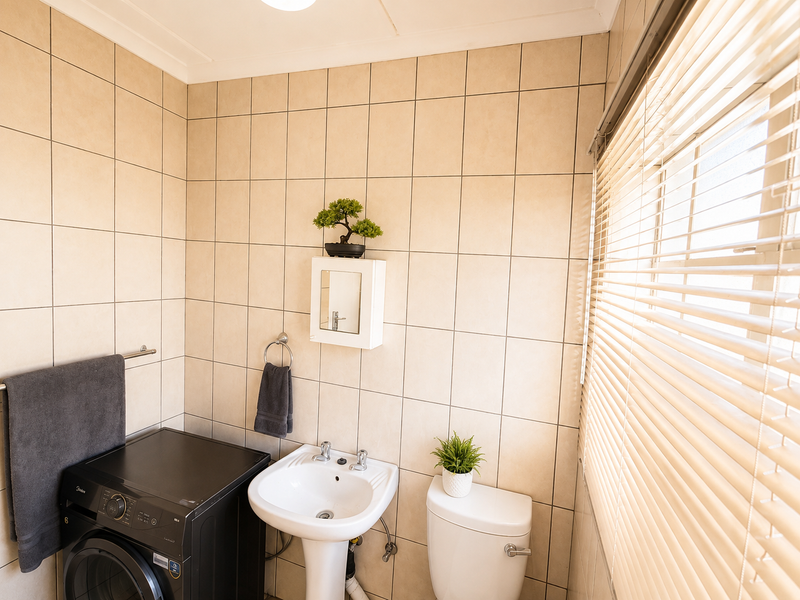 A functional laundry room featuring a pedestal sink, toilet, and tiled wall finishes, equipped with a dedicated space for a washing machine.