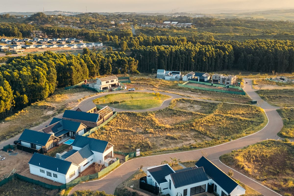 Aerial view of a modern residential estate development featuring contemporary homes with metal roofs, paved roads, and surrounding natural landscape.