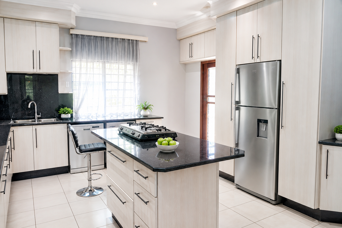 Modern kitchen featuring light wood cabinetry, granite countertops, a central island with a gas hob, and tiled flooring.