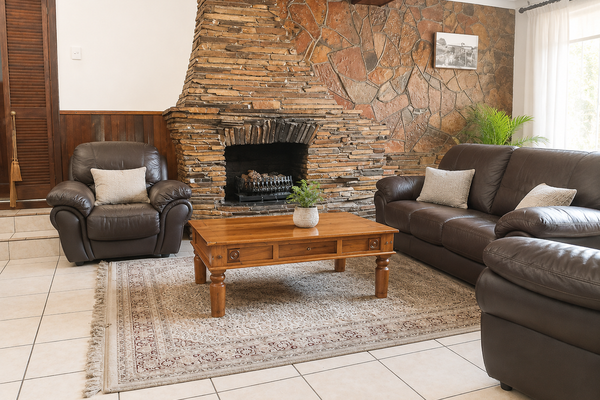 A cozy living room featuring a prominent stone fireplace, tiled flooring, and classic timber wall paneling, creating a warm and traditional atmosphere.