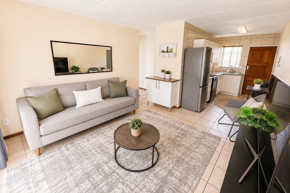 Open-plan living area featuring tiled flooring, a functional kitchen with built-in cabinetry, and direct access to a timber entrance door.