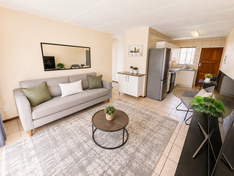 Open-plan living area featuring tiled flooring, a functional kitchen with built-in cabinetry, and direct access to a timber entrance door.