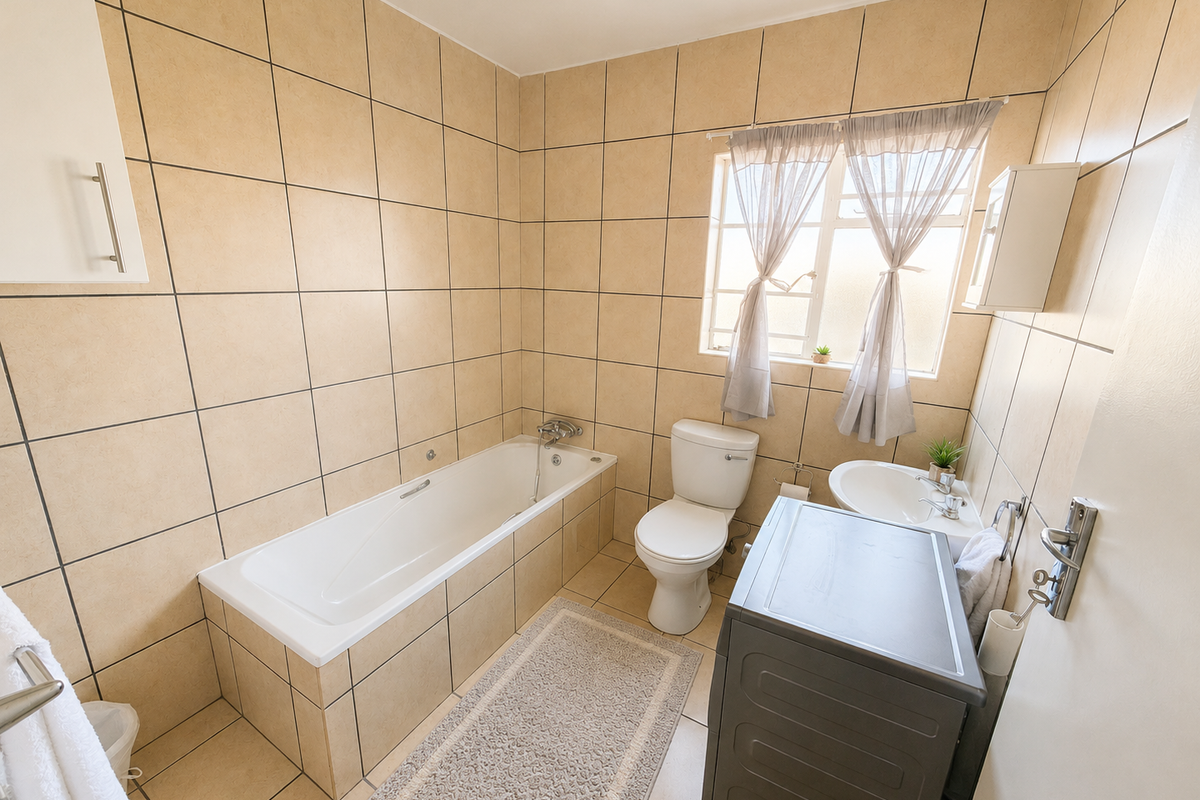 A functional bathroom featuring full-height beige ceramic wall tiling, a built-in bathtub, a standard toilet, and a pedestal washbasin with natural light.