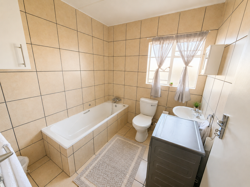 A functional bathroom featuring full-height beige ceramic wall tiling, a built-in bathtub, a standard toilet, and a pedestal washbasin with natural light.