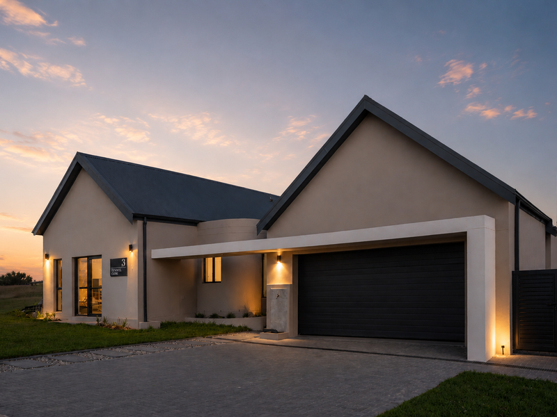 Modern single-story house exterior featuring a double garage, paved driveway, and contemporary architectural design at dusk.