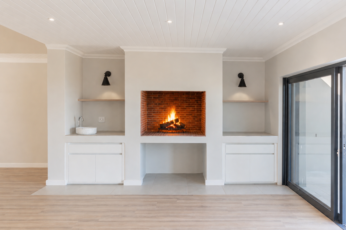 A bright living area featuring a central brick fireplace, built-in cabinetry with an integrated sink, floating shelves, and large sliding doors leading outdoors.