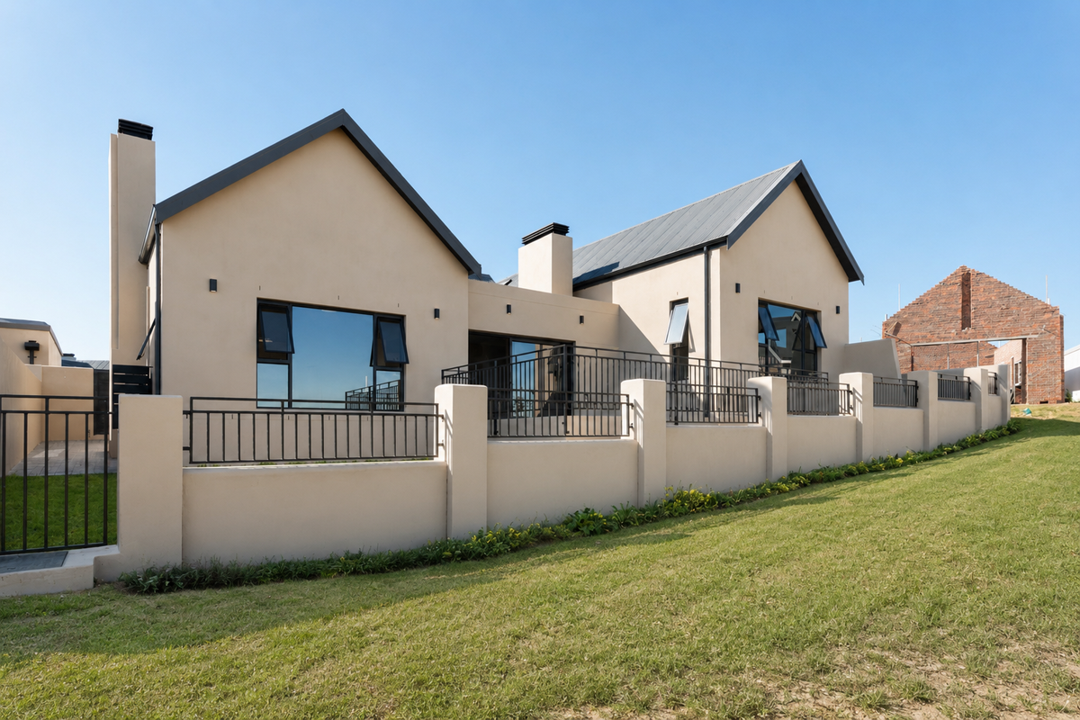 Rear view of a modern house featuring a metal roof, chimneys, and a landscaped lawn with a secure metal-railed boundary wall.