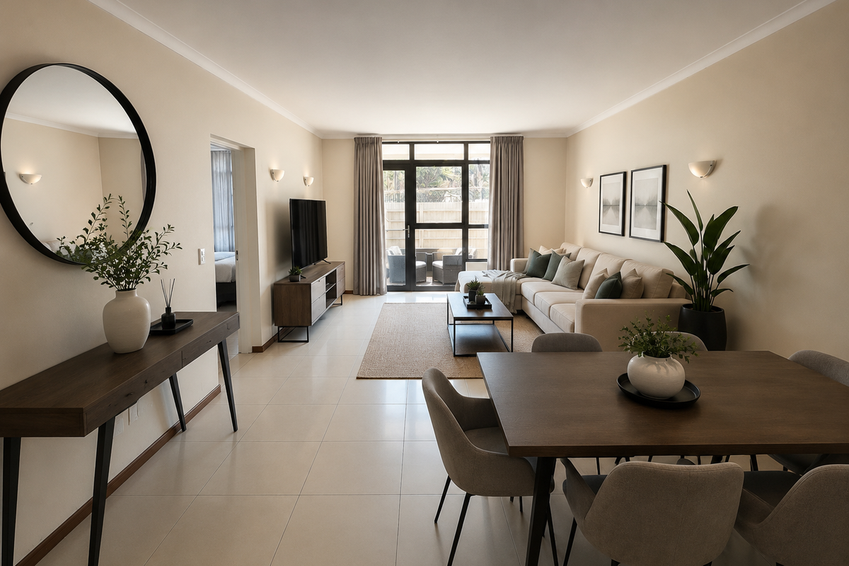Spacious open-plan living and dining area featuring neutral tiled flooring, modern wall lighting, and large sliding glass doors leading to an outdoor patio.