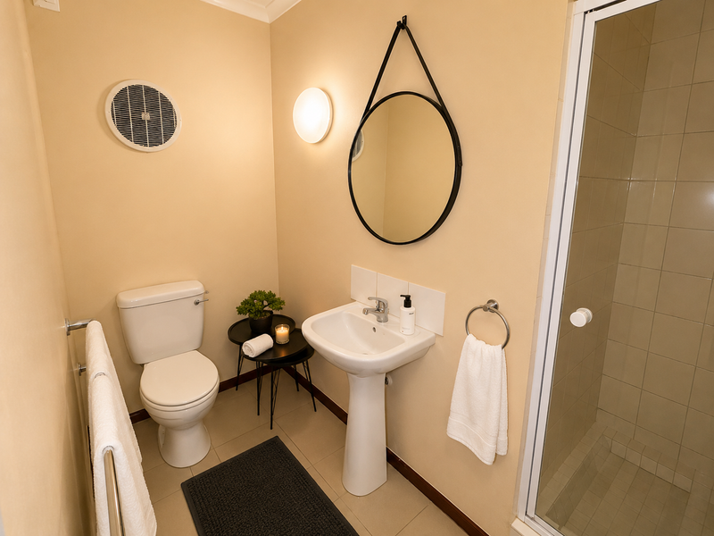A compact, well-maintained bathroom featuring a pedestal sink, toilet, and a separate shower enclosure with tiled finishes.