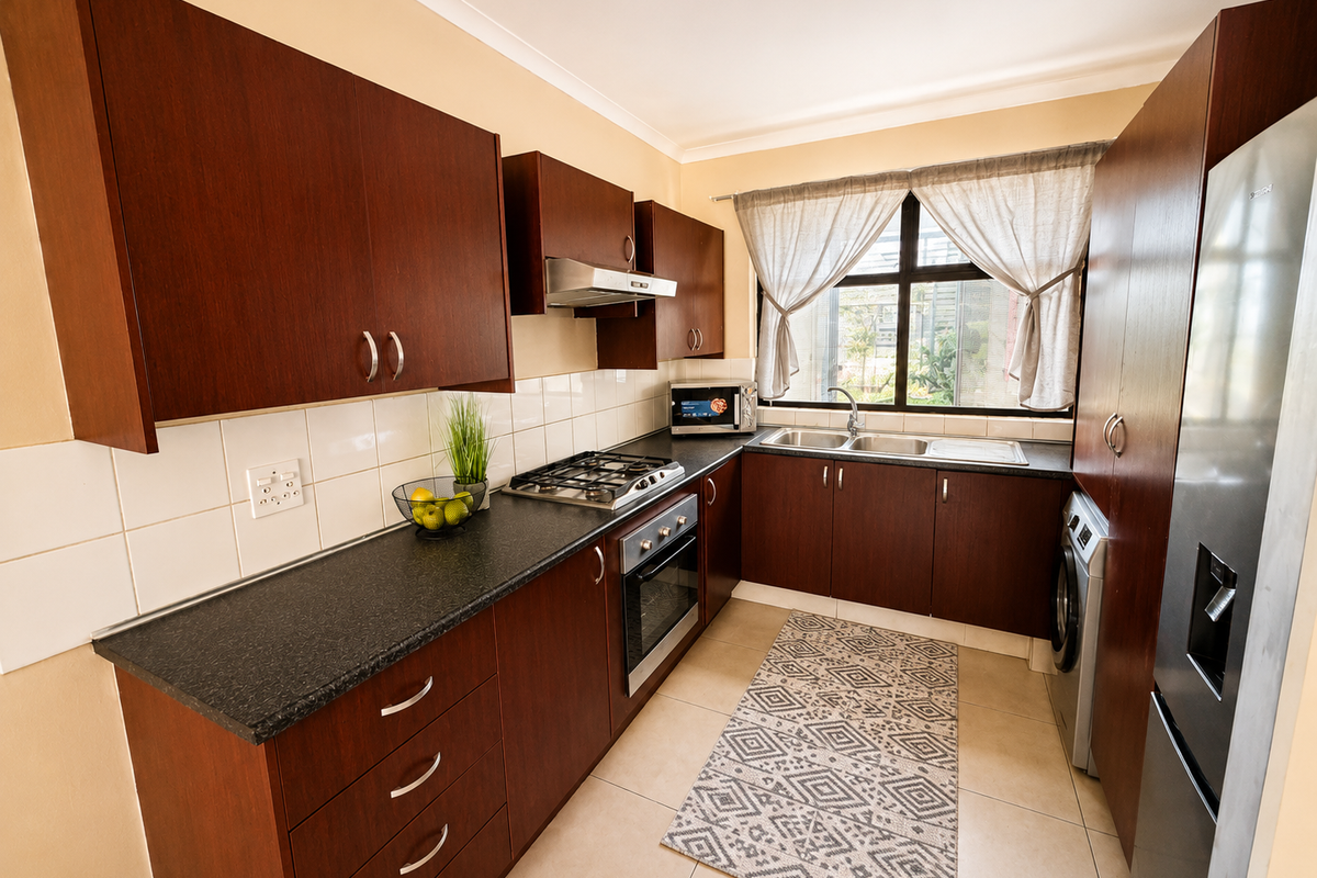 A functional kitchen featuring dark wood cabinetry, laminate countertops, a gas hob, built-in oven, and a double bowl sink with tiled backsplash.