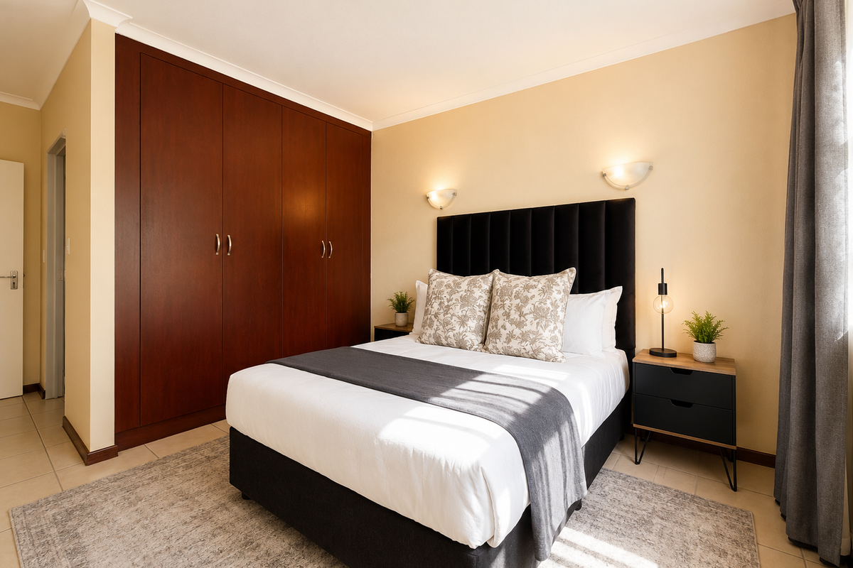 A well-maintained bedroom featuring built-in dark wood cupboards, neutral wall tones, tiled flooring, and modern wall-mounted lighting.