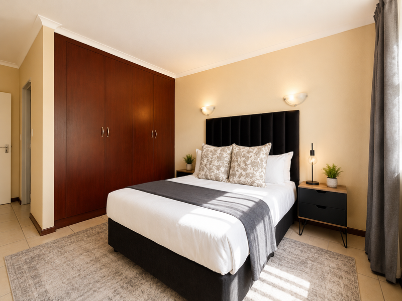 A well-maintained bedroom featuring built-in dark wood cupboards, neutral wall tones, tiled flooring, and modern wall-mounted lighting.