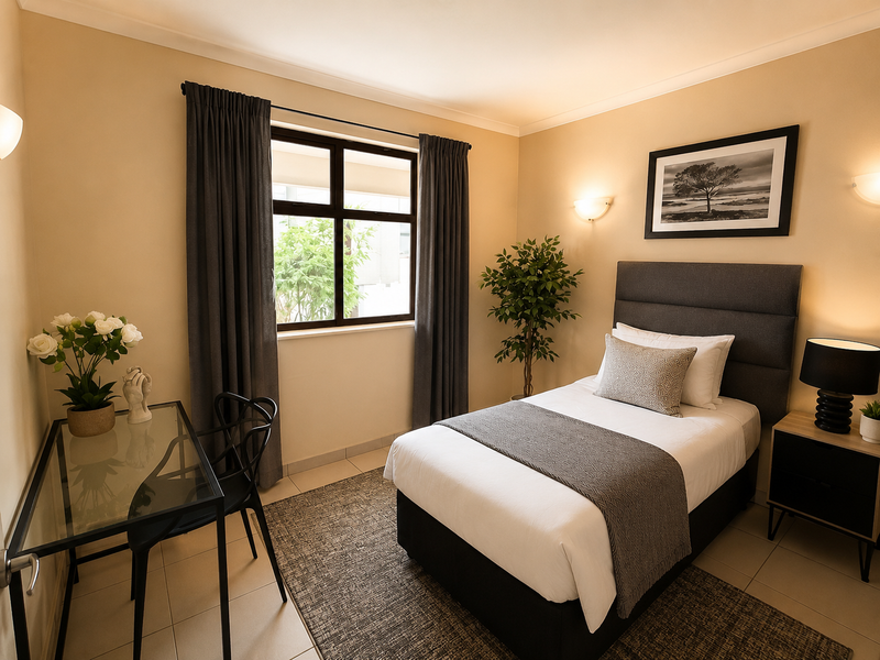 A well-maintained bedroom featuring tiled flooring, neutral wall tones, and a window with dark curtains, providing a comfortable and functional living space.