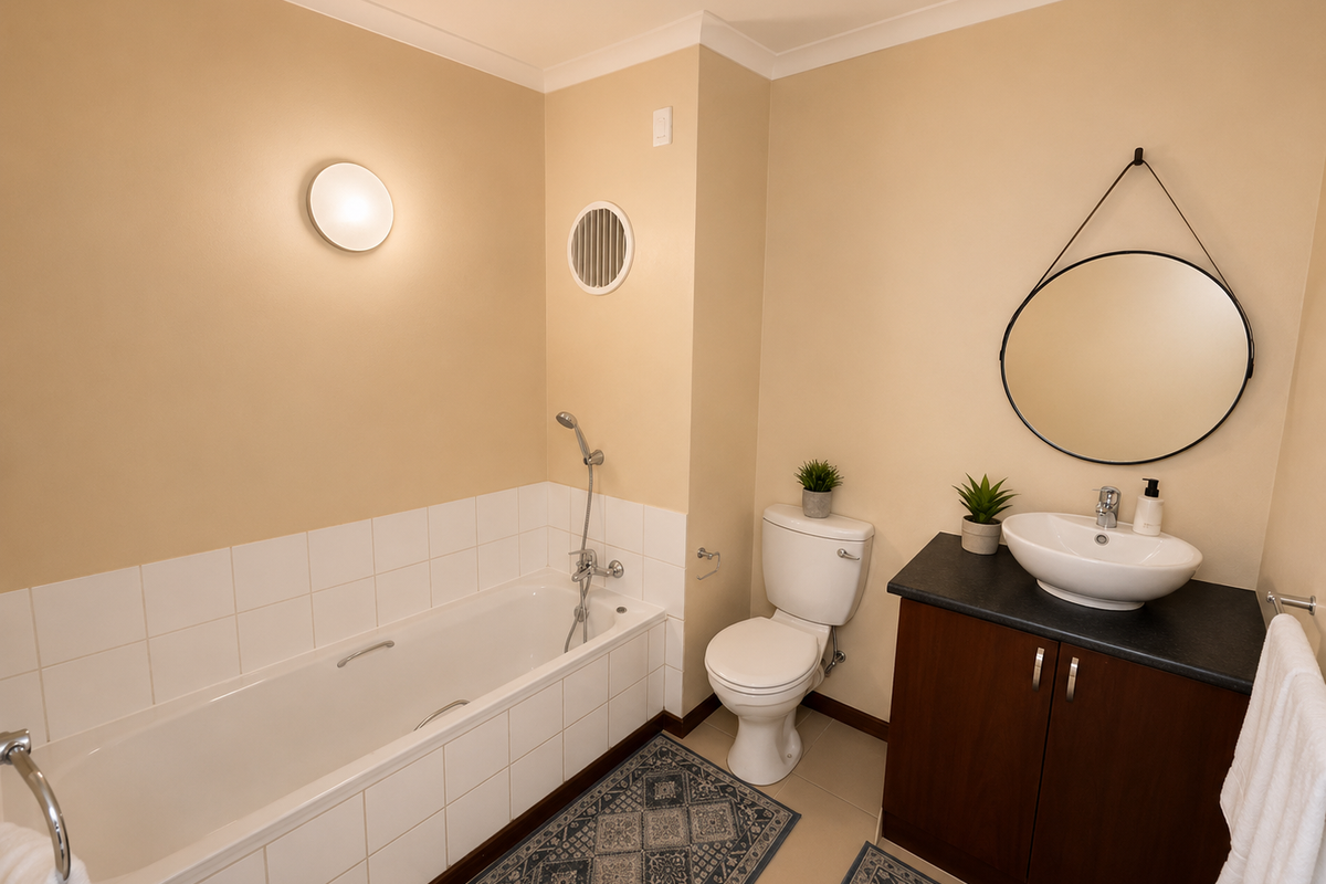A functional bathroom featuring a bathtub with handheld shower, a vanity cabinet with vessel sink, and a standard toilet.