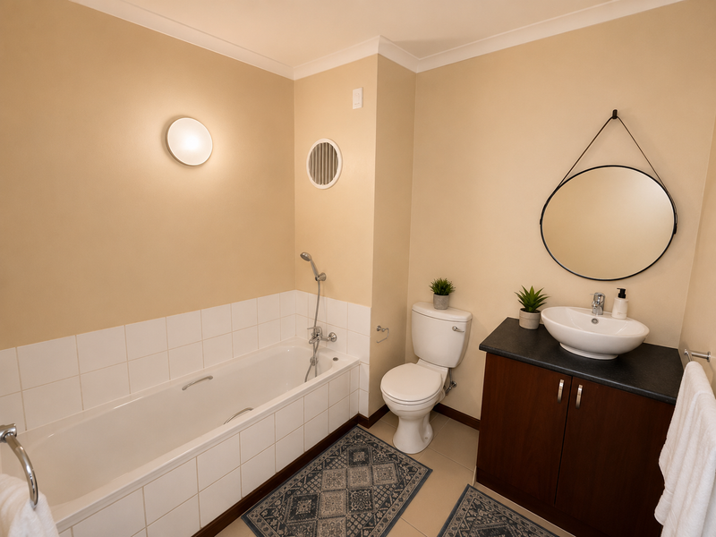 A functional bathroom featuring a bathtub with handheld shower, a vanity cabinet with vessel sink, and a standard toilet.