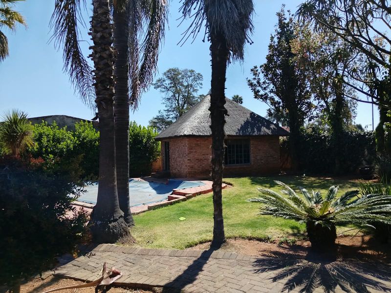 A rear garden view featuring a brick outbuilding with a thatched roof, a swimming pool with a cover, and established palm trees.