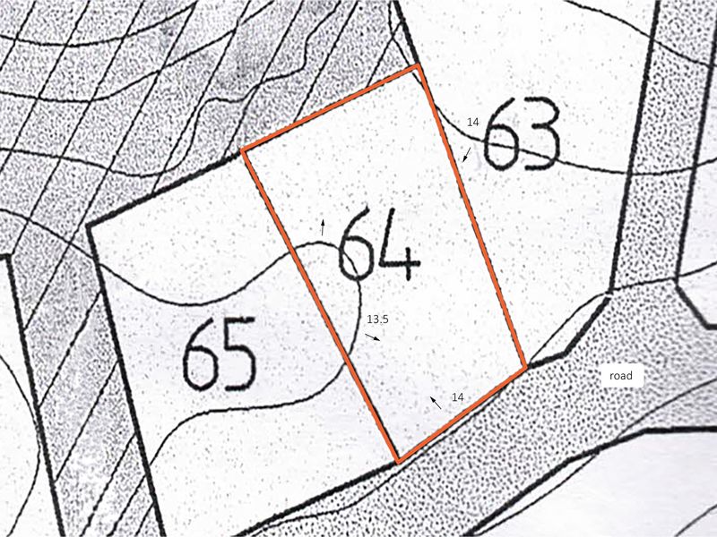 A site plan diagram highlighting the boundaries and dimensions of residential plot number 64.