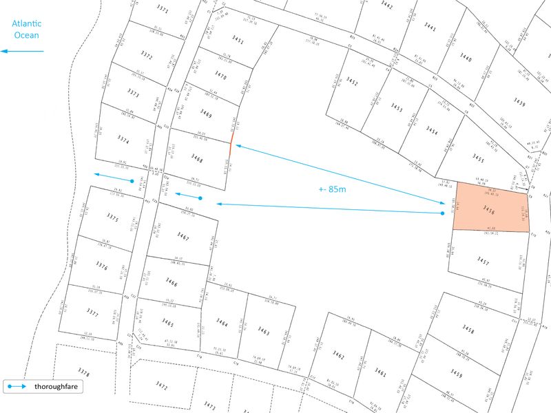 A cadastral survey map showing the layout and numbering of residential land plots in relation to the Atlantic Ocean.