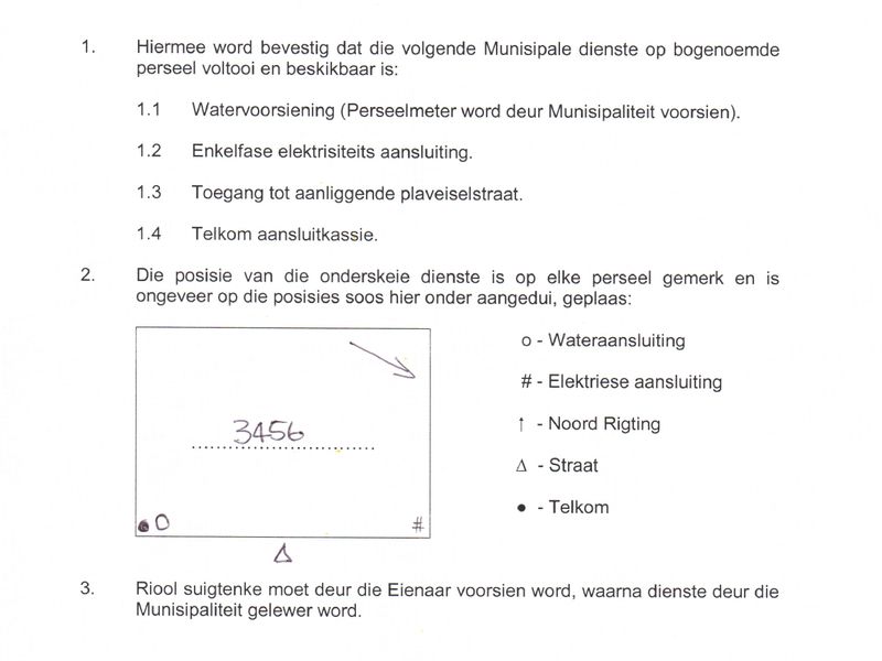 Official municipal engineering document confirming available utility services including water, electricity, and telecommunications for the residential plot.