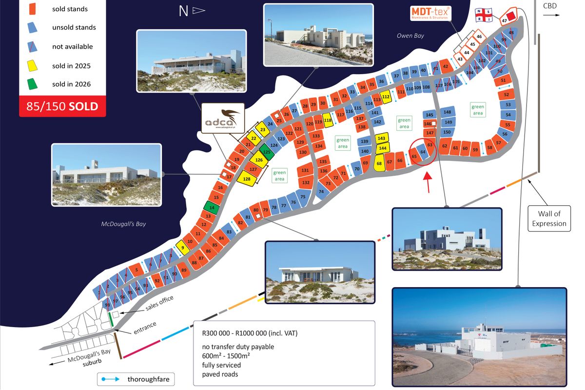 A site development plan for a residential estate showing stand availability, layout, and surrounding coastal landscape.