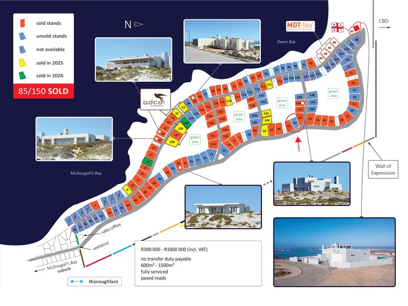 A site development plan for a residential estate showing stand availability, layout, and surrounding coastal landscape.