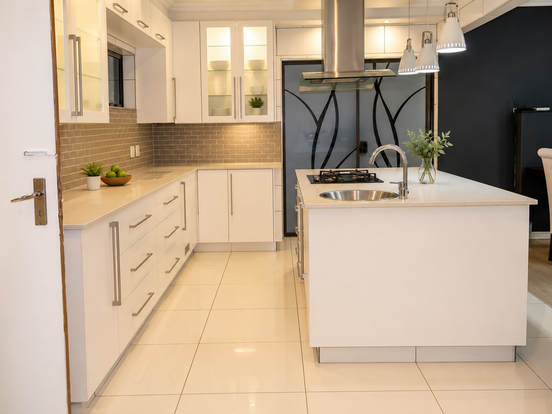Modern kitchen featuring white cabinetry, stone countertops, a central island with a gas hob, and a stylish tiled backsplash.