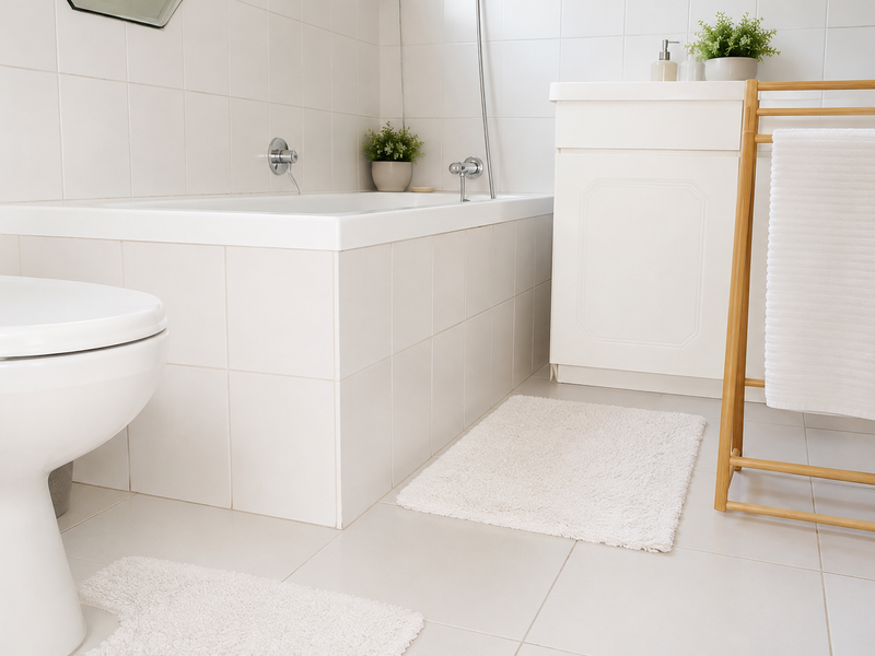 A clean, neutral-toned bathroom featuring a built-in bathtub, vanity cabinet, and tiled surfaces throughout.
