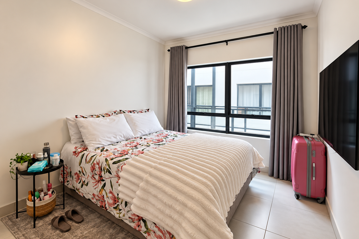 A well-maintained bedroom featuring large windows with grey curtains, neutral tiled flooring, and a clean, modern aesthetic.