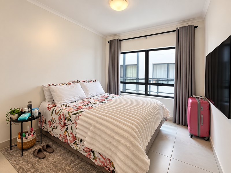 A well-maintained bedroom featuring large windows with grey curtains, neutral tiled flooring, and a clean, modern aesthetic.