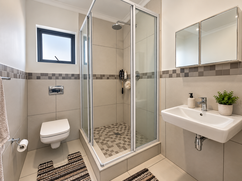 Modern bathroom featuring a wall-mounted toilet, glass shower enclosure, and a wall-mounted basin with chrome fixtures, finished with neutral wall tiles.