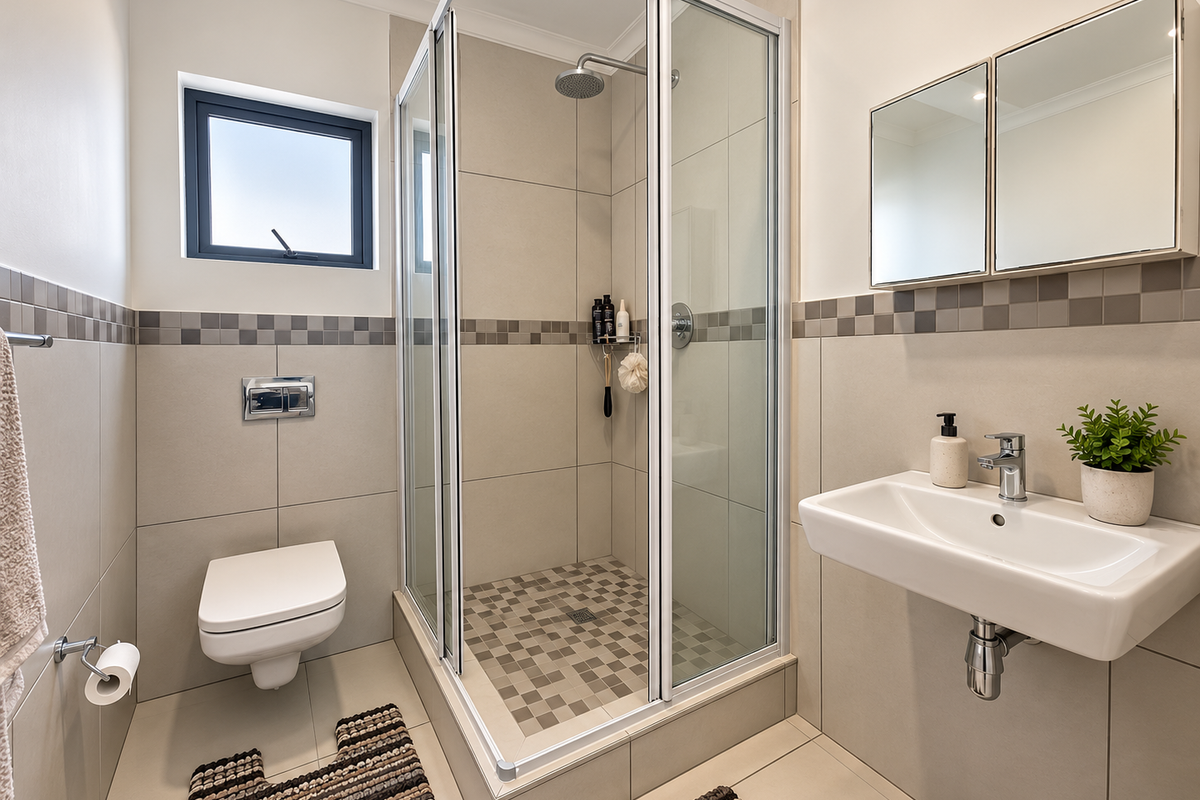 Modern bathroom featuring a wall-mounted toilet, glass shower enclosure, and a wall-mounted basin with chrome fixtures, finished with neutral wall tiles.