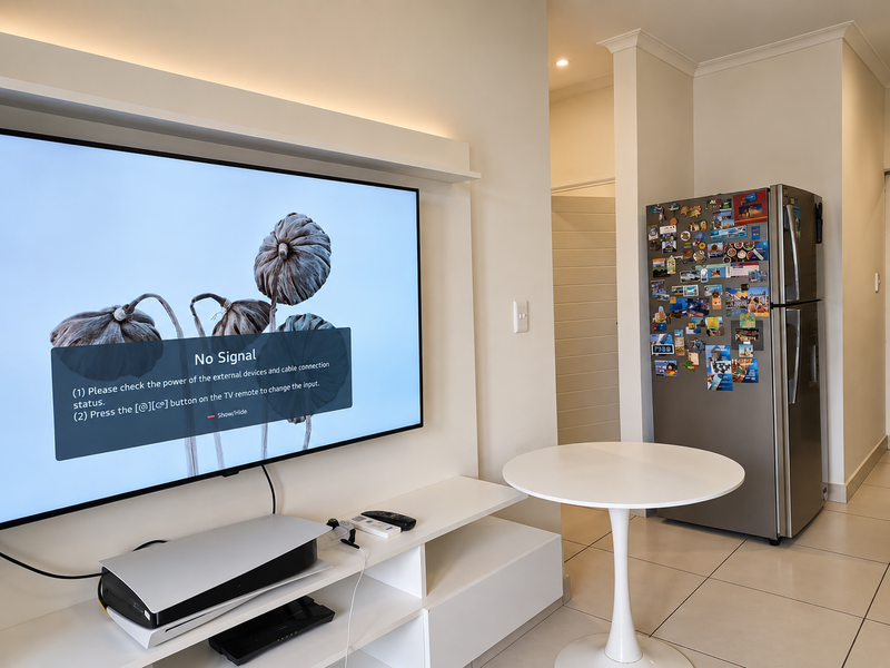 Open plan living area featuring a built-in media console with integrated lighting and tiled flooring, seamlessly connecting to the kitchen space.