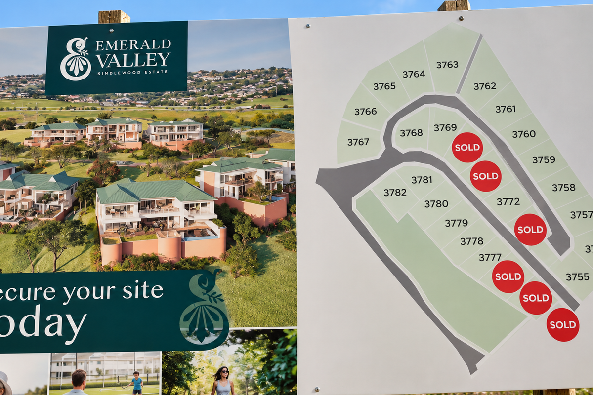A development site map for Emerald Valley Kindlewood Estate, displaying available residential plots and current sales status.