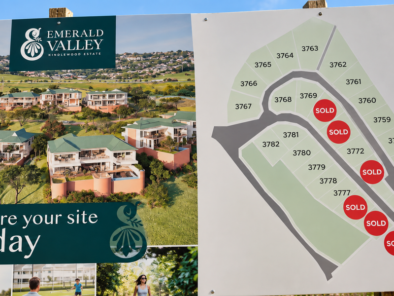 A development site map for Emerald Valley Kindlewood Estate, displaying available residential plots and current sales status.