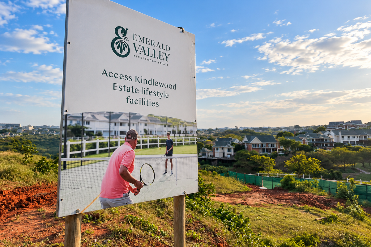 A promotional sign for Emerald Valley Kindgewood Estate situated on a vacant residential plot with surrounding estate views.