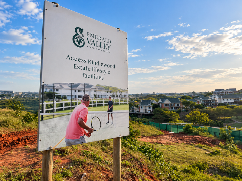 A promotional sign for Emerald Valley Kindgewood Estate situated on a vacant residential plot with surrounding estate views.