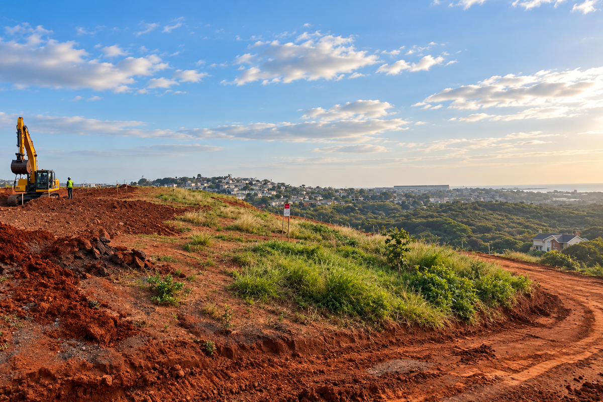 A vacant residential plot undergoing earthworks with an excavator on site, offering elevated views of the surrounding neighborhood and landscape.