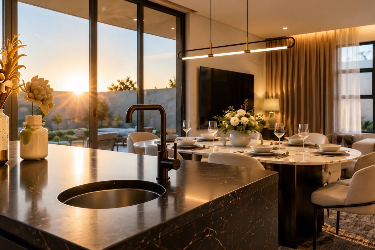 A sophisticated open-plan living and dining area featuring a modern kitchen island, premium finishes, and seamless access to the outdoor patio through sliding glass doors.