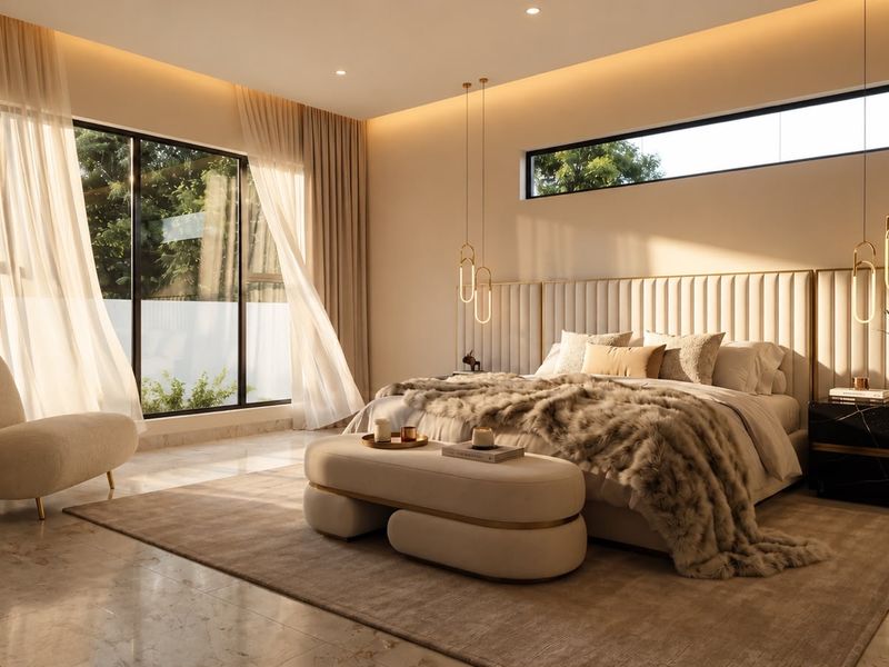 Luxurious master bedroom featuring high-end finishes, floor-to-ceiling windows, elegant marble flooring, and sophisticated integrated lighting design.