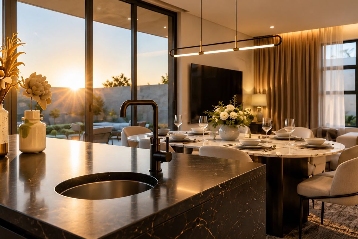 Modern open-plan living and dining area featuring a sleek kitchen island with stone countertops, high-end finishes, and seamless access to the outdoor patio.
